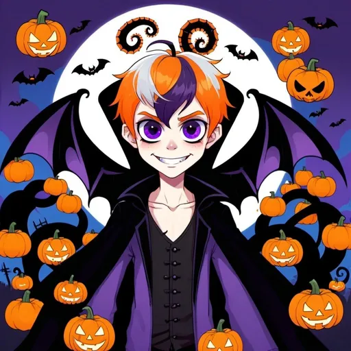 Prompt: One boy, Halloween, teenager, half brown half orange hair, half and half hair, multi color hair, purple black orange color scheme, pumpkins, vampire, fairy wings, purple eyes, snake eyes, tentacles, creepy shadows, cute, smiling, friendly 