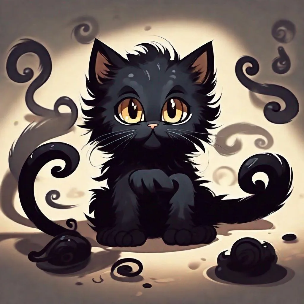 Prompt: One cute kitten playing, Black fluffy kitten, big bright brown eyes, energetic, tentacles, shadows, cartoony, shadow tentacles, eldritch cat