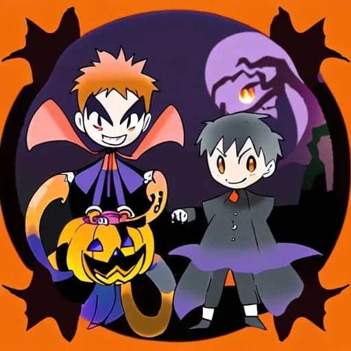 Prompt: One boy, Halloween, teenager, half brown half orange hair, half and half hair, mostly purple black orange color scheme, pumpkins, vampire, fairy wings, purple eyes, snake eyes, tentacles, creepy shadows, cute, smiling, friendly 