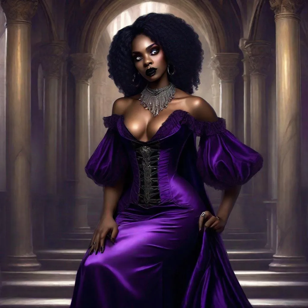 Prompt: 1 Gorgeous black woman, afro hair, short hair, vampire, elegant, gothic, victorian fashion, corset dress, chocker necklace, renaissance painting, sensual, vampire fangs, lesbian, and 1 Gorgeous woman, fair skinned, long flowing blond hair reaching her knees, silver eyes, slit pupil, sensual, beautiful, long purple dress, goat horn, elegant, lesbian