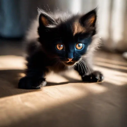 Prompt: One cute kitten playing, Black fluffy kitten, big bright brown eyes, energetic, tentacles, shadows 