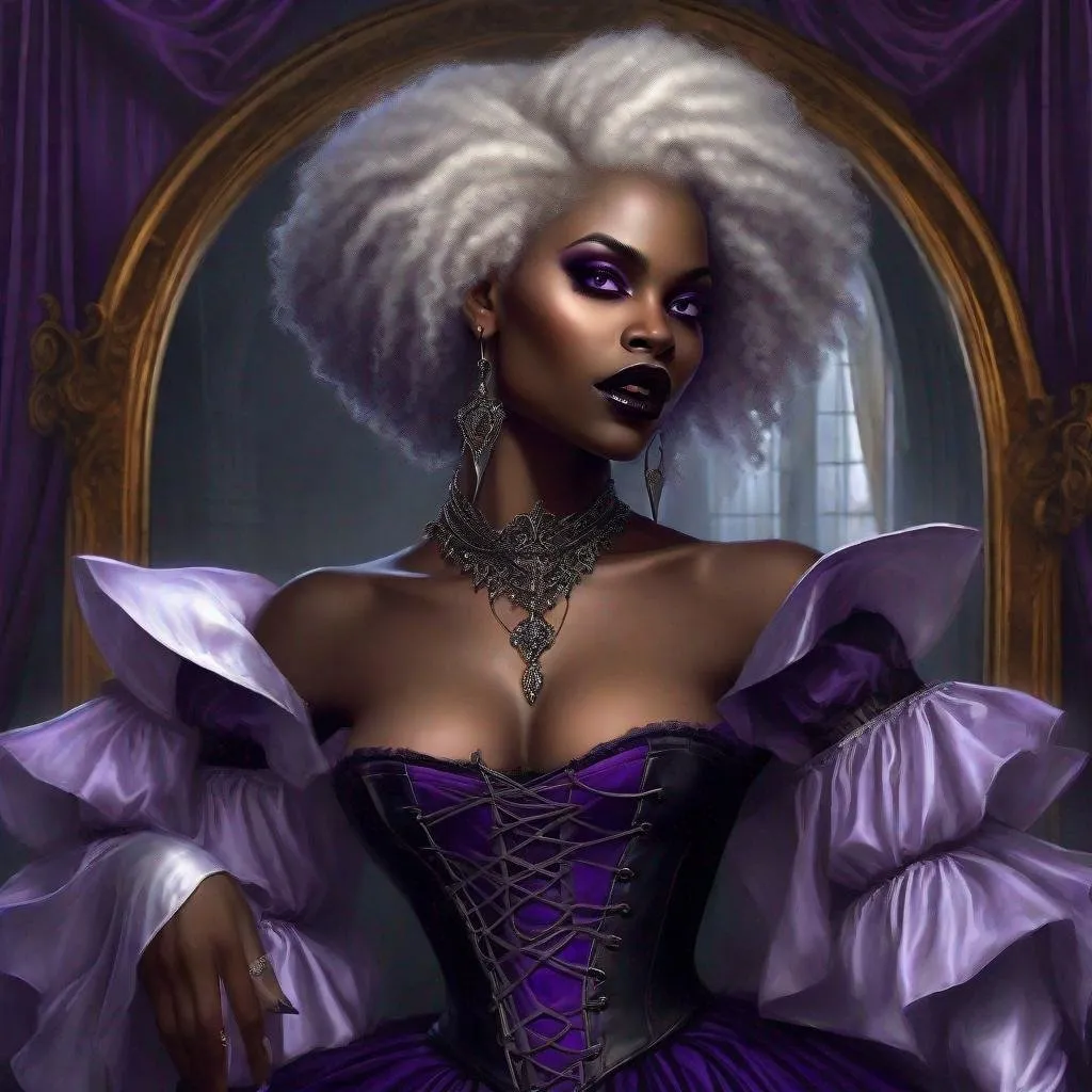 Prompt: 1 Gorgeous black woman, afro hair, short hair, vampire, elegant, gothic, victorian fashion, corset dress, chocker necklace, renaissance painting, sensual, vampire fangs, lesbian and 1 Gorgeous woman, fair skinned, long flowing blond hair reaching her knees, silver eyes, slit pupil, sensual, beautiful, long purple dress, goat horn, elegant, lesbian