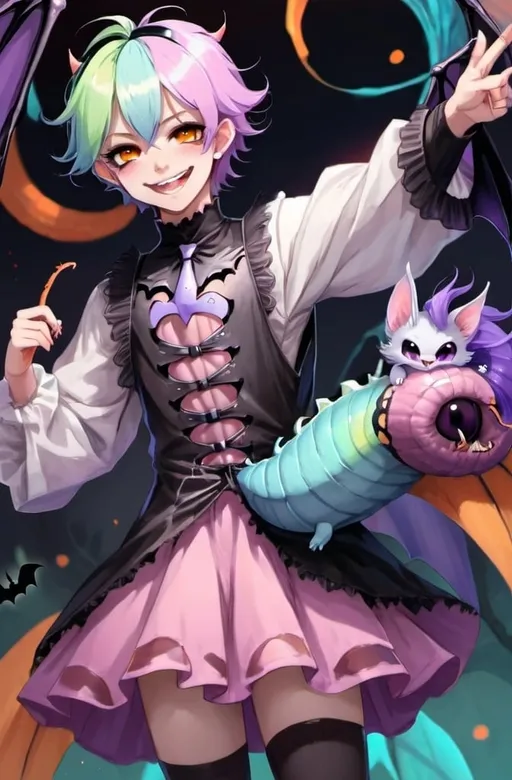 Prompt: Two demons, playing together, smiling, demon 1: rainbow hair, multi color hair, femboy, boy in dress, cute, kawaii fashion, androgynous, smiling, pastel colors, animal ears, big fluffy tail, bat wings, horns, tentacles. Demon 2: Halloween, boy, teenager, half brown half orange hair, purple black orange color scheme, pumpkins, vampire, fairy wings, purple eyes, snake eyes