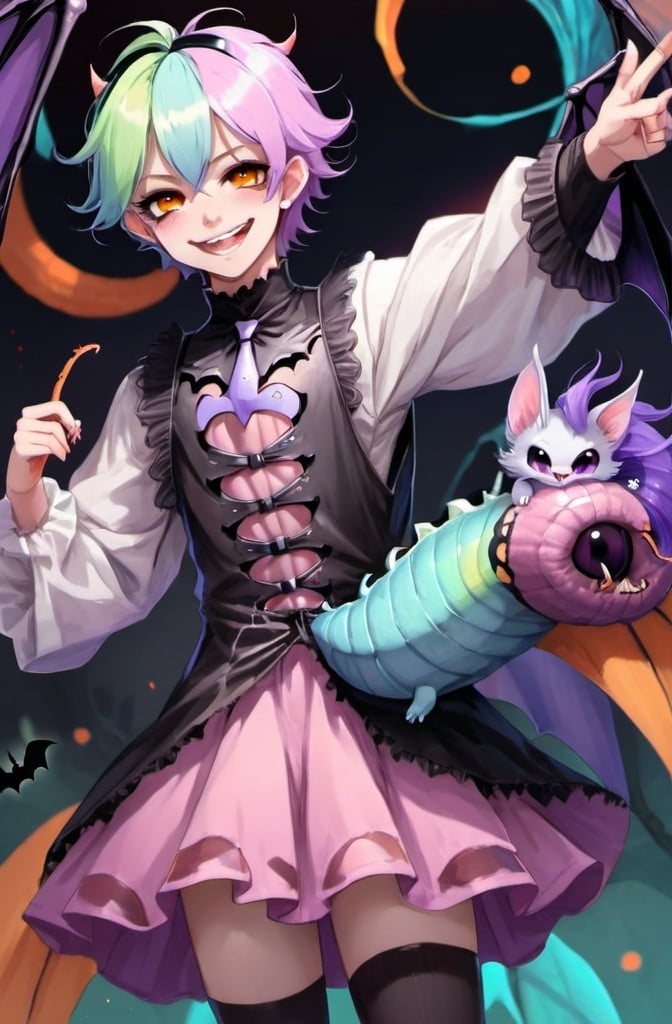 Prompt: Two demons, playing together, smiling, demon 1: rainbow hair, multi color hair, femboy, boy in dress, cute, kawaii fashion, androgynous, smiling, pastel colors, animal ears, big fluffy tail, bat wings, horns, tentacles. Demon 2: Halloween, boy, teenager, half brown half orange hair, purple black orange color scheme, pumpkins, vampire, fairy wings, purple eyes, snake eyes