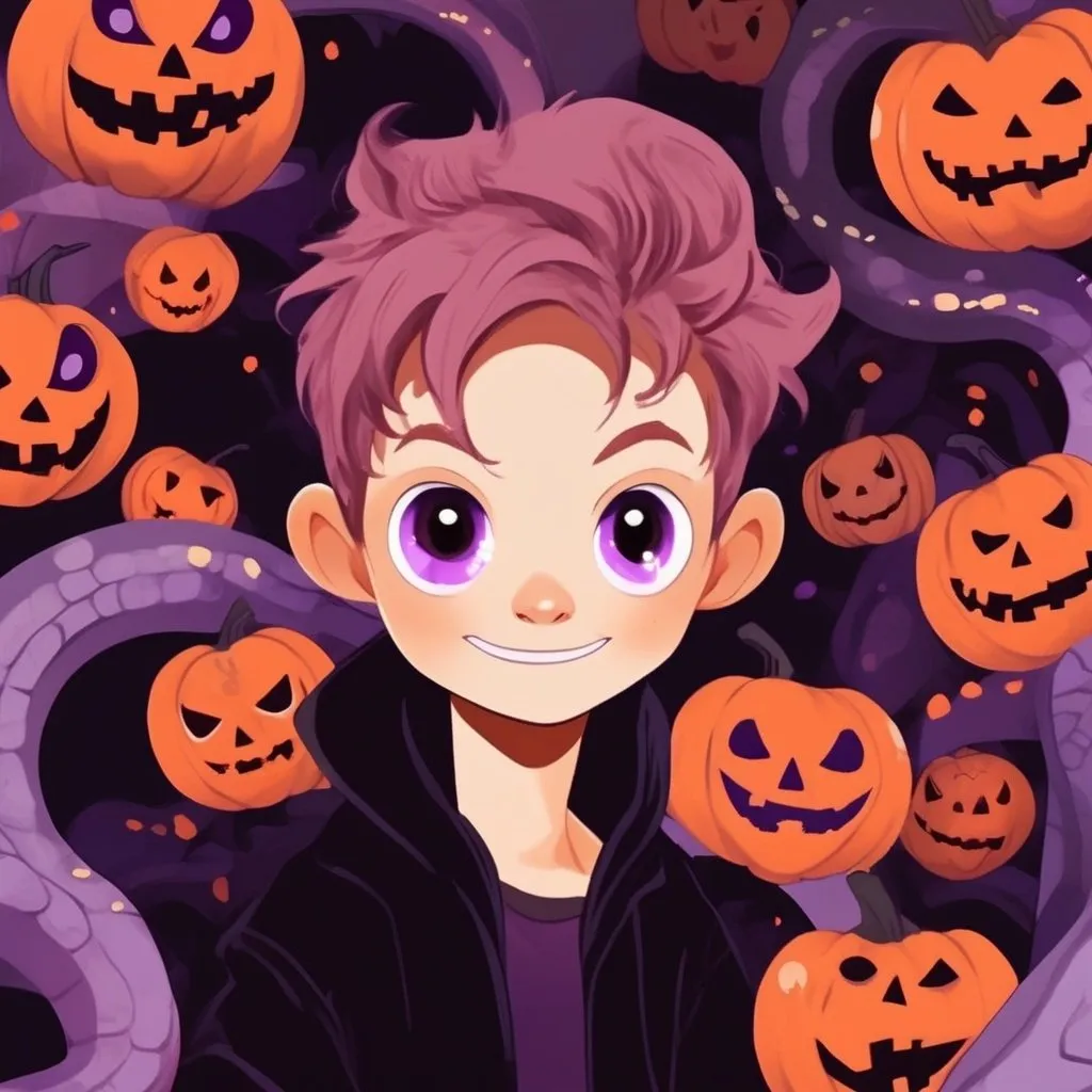 Prompt: One boy, Halloween, teenager, half brown half orange hair, half and half hair, mostly purple black orange color scheme, pumpkins, vampire, fairy wings, purple eyes, snake eyes, tentacles, creepy shadows, cute, smiling, friendly 