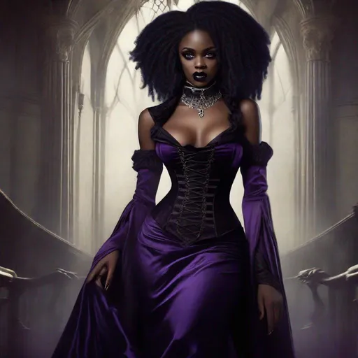 Prompt: 1 Gorgeous black woman, afro hair, short hair, vampire, elegant, gothic, victorian fashion, corset dress, chocker necklace, renaissance painting, sensual, vampire fangs, lesbian, and 1 Gorgeous woman, fair skinned, long flowing blond hair reaching her knees, silver eyes, slit pupil, sensual, beautiful, long purple dress, goat horn, elegant, lesbian