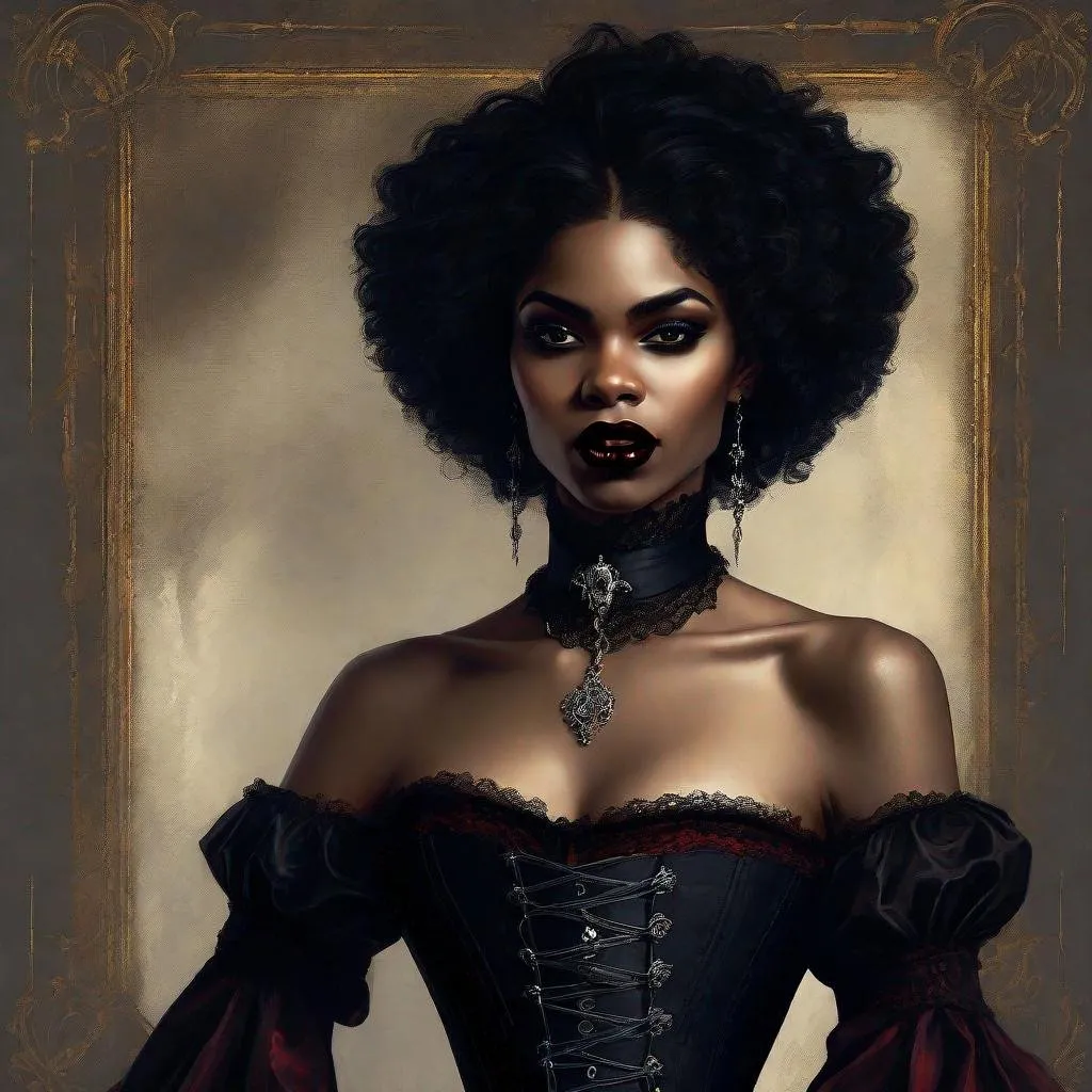 Prompt: Gorgeous black woman, afro hair, short hair, vampire, elegant, gothic, victorian fashion, corset dress, chocker necklace, renaissance painting, sensual, vampire fangs, lesbian