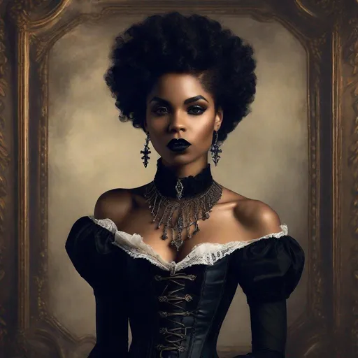 Prompt: Gorgeous black woman, afro hair, short hair, vampire, elegant, gothic, victorian fashion, corset dress, chocker necklace, renaissance painting, sensual