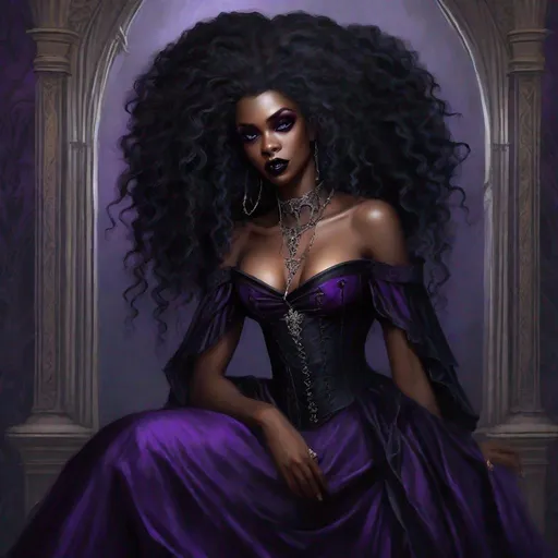 Prompt: 1 Gorgeous black woman, afro hair, short hair, vampire, elegant, gothic, victorian fashion, corset dress, chocker necklace, renaissance painting, sensual, vampire fangs, lesbian, and 1 Gorgeous woman, fair skinned, long flowing blond hair reaching her knees, silver eyes, slit pupil, sensual, beautiful, long purple dress, goat horn, elegant, lesbian