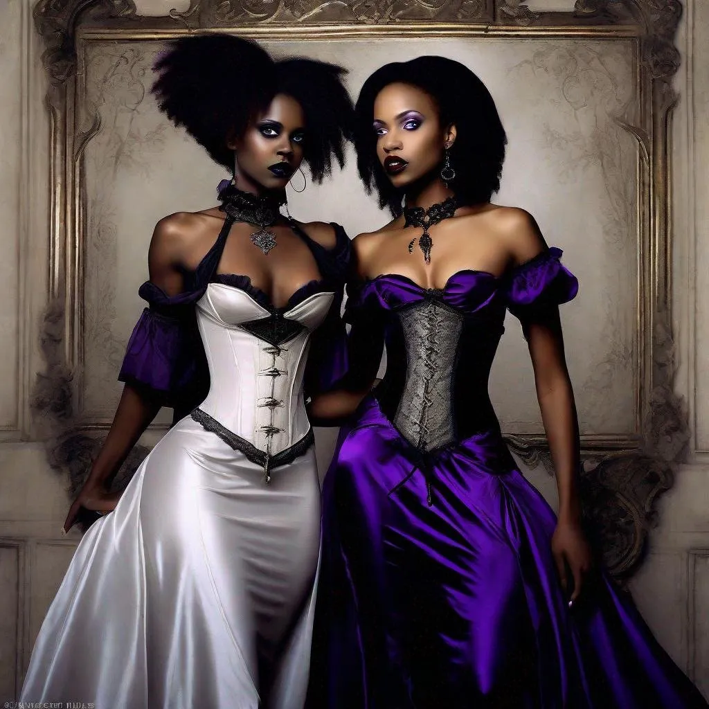 Prompt: Two woman, one Gorgeous black woman, afro hair, short hair, vampire, elegant, gothic, victorian fashion, corset dress, chocker necklace, renaissance painting, sensual, vampire fangs, lesbian, and one Gorgeous woman, fair skinned, long flowing blond hair reaching her knees, silver eyes, slit pupil, sensual, beautiful, long purple dress, goat horn, elegant, lesbian, girlfriends 