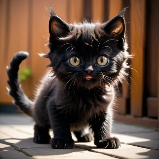 Prompt: One cute kitten playing, Black fluffy kitten, big bright brown eyes, energetic, tentacles, creepy shadows, shadow tentacles, eldritch cat, multiple tails, tentacles tails