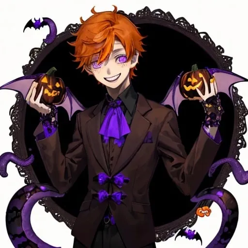 Prompt: One boy, Halloween, teenager, half brown half orange hair, purple black orange color scheme, pumpkins, vampire, fairy wings, purple eyes, snake eyes, tentacles, creepy shadows, cute, smiling, friendly 