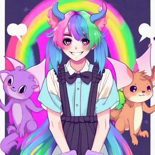 Prompt: rainbow hair, multi color hair, femboy, boy in dress, cute, kawaii fashion, androgynous, smiling, pastel colors, animal ears, big fluffy tail, bat wings, horns, tentacles. 