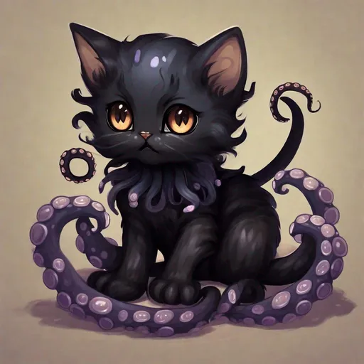 Prompt: Octokitten, cat, octopus, cat with tentacles, eldritch cat, cute, fluffy, black kitten, Brown eyes
