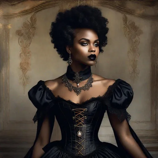 Prompt: Gorgeous black woman, afro hair, short hair, vampire, elegant, gothic, victorian fashion, corset dress, chocker necklace, renaissance painting, sensual