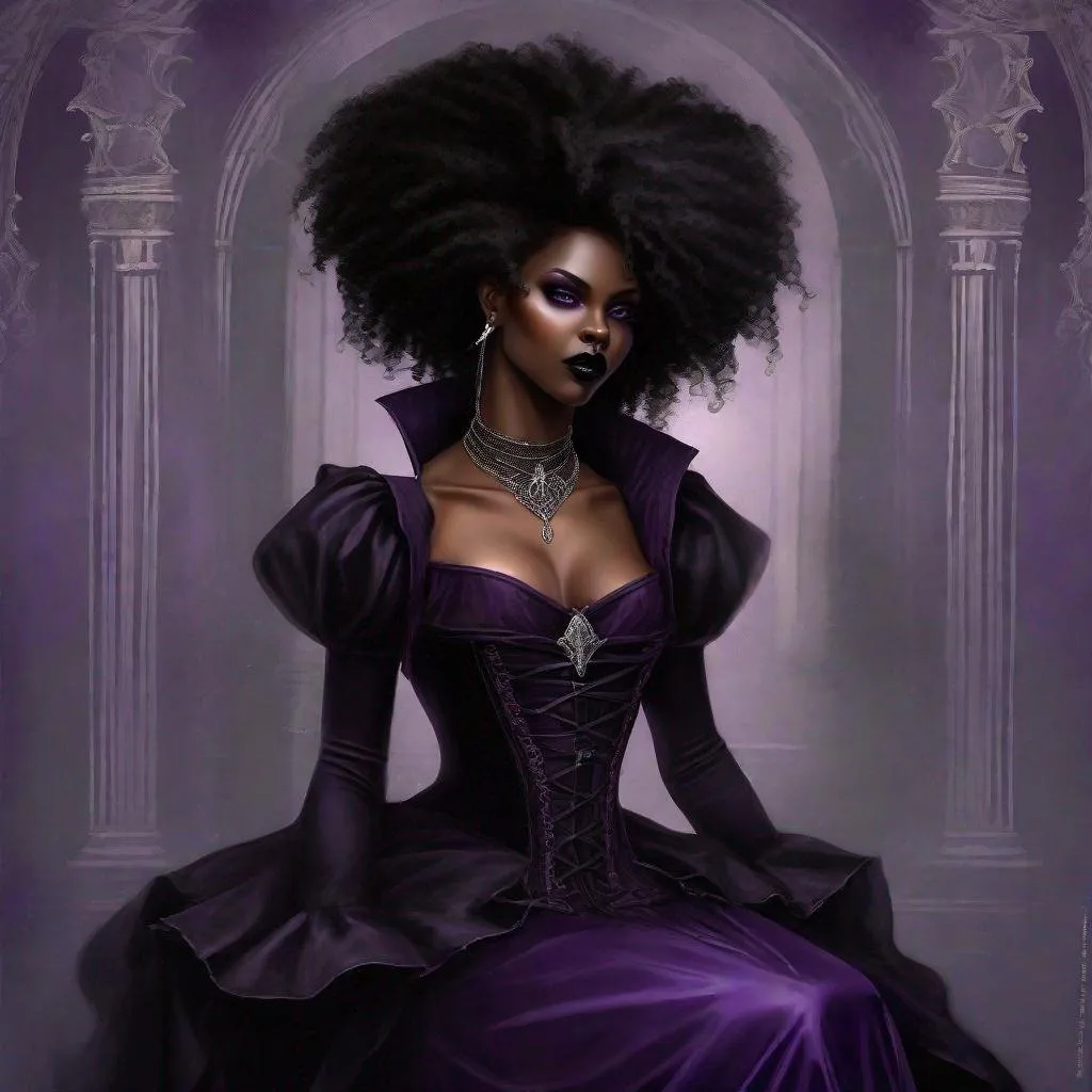 Prompt: 1 Gorgeous black woman, afro hair, short hair, vampire, elegant, gothic, victorian fashion, corset dress, chocker necklace, renaissance painting, sensual, vampire fangs, lesbian and 1 Gorgeous woman, fair skinned, long flowing blond hair reaching her knees, silver eyes, slit pupil, sensual, beautiful, long purple dress, goat horn, elegant, lesbian