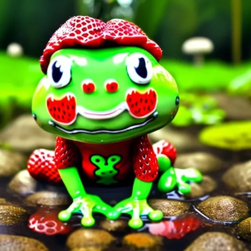 Prompt: 1 boy, cute, 4 years old, frog green overalls, red strawberry t-shirt, blond hair, blue eyes, Playing, smiling, stream, tadpoles, strawberry fields, frogs, strawberries, cute bugs, cottage core 