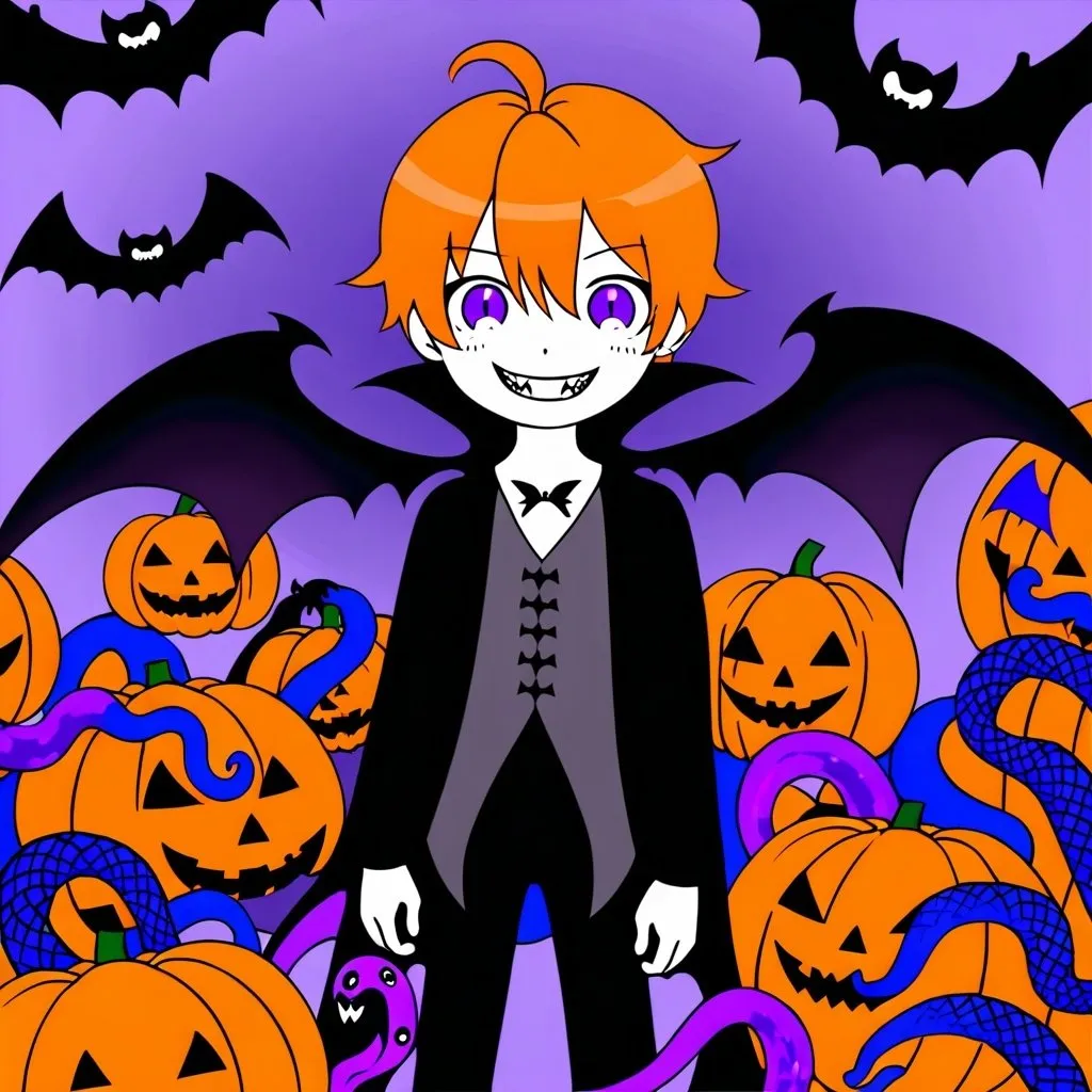 Prompt: One boy, Halloween, teenager, half brown half orange hair, half and half hair, purple black orange color scheme, pumpkins, vampire, fairy wings, purple eyes, snake eyes, tentacles, creepy shadows, cute, smiling, friendly 