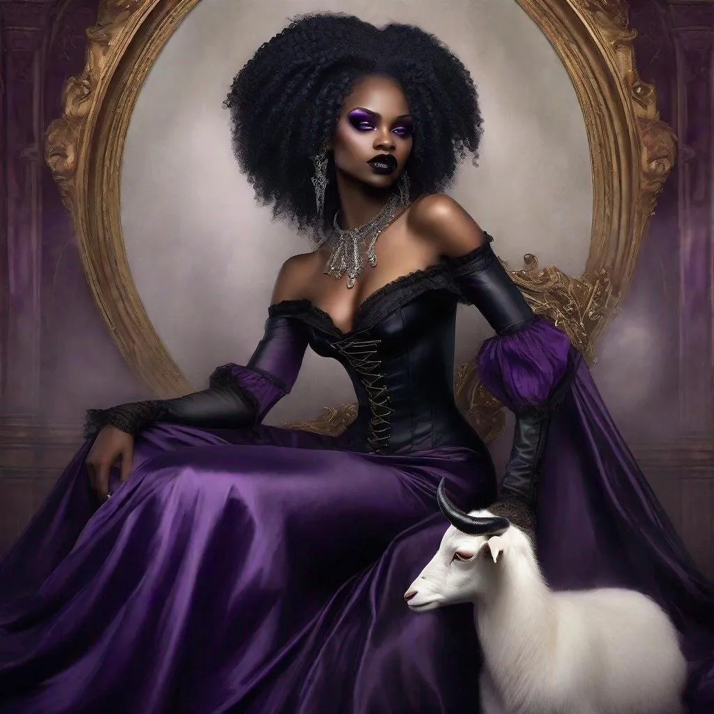 Prompt: 1 Gorgeous black woman, afro hair, short hair, vampire, elegant, gothic, victorian fashion, corset dress, chocker necklace, renaissance painting, sensual, vampire fangs, lesbian, and 1 Gorgeous woman, fair skinned, long flowing blond hair reaching her knees, silver eyes, slit pupil, sensual, beautiful, long purple dress, goat horn, elegant, lesbian