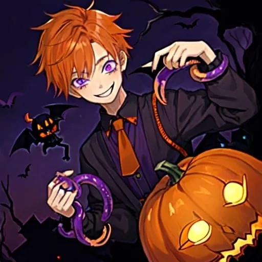 Prompt: One boy, Halloween, teenager, half brown half orange hair, half and half hair, purple black orange color scheme, pumpkins, vampire, fairy wings, purple eyes, snake eyes, tentacles, creepy shadows, cute, smiling, friendly 