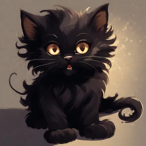 Prompt: One cute kitten playing, Black fluffy kitten, big bright brown eyes, energetic, tentacles, creepy shadows, shadow tentacles, eldritch cat