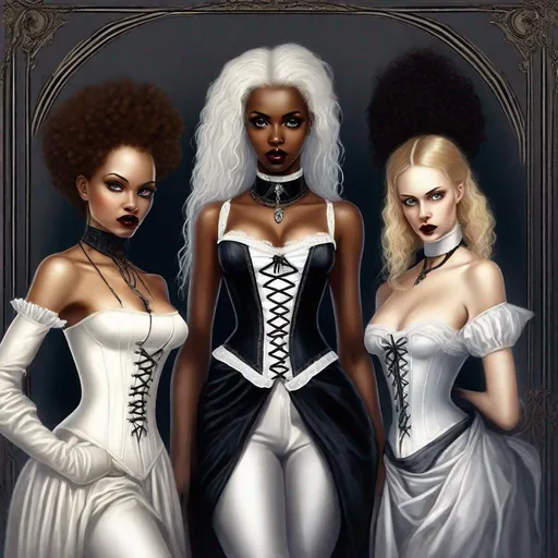 Prompt: Three woman, one Gorgeous black woman, the black woman has afro short hair, vampire, elegant, gothic, victorian fashion, corset dress, chocker necklace, renaissance painting, sensual, vampire fangs, lesbian, and one Gorgeous woman, fair skinned white woman, the white woman has long blond straight hair reaching her knees, silver eyes, slit pupil, sensual, beautiful, long purple dress, goat horn, elegant, lesbian, girlfriends, woman kissing each other, elegant sensual, the black woman wear a black goth dress and the white woman the purple dress, the black woman has a sensual smirk and the white woman has a slightly flustered, slightly devilish grin, the white woman is laid down sensually, looking like a goddess, The black woman is next to her sitting elegantly, the black woman has a powerful pose, the third woman has bright red hair, the third woman has long straight hair, the third woman is angry, rage, female rage, anger, hatred, the third woman has an action pose, the third woman has a energetic pose, she's dating the two other woman, 3 girlfriends, they're all pretty