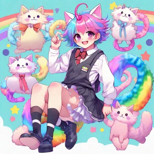 Prompt: 1 boy, cute, kawaii fashion, femboy, boy wearing a dress, androgynous, short hair, colorful hair, rainbow hair, multicolor hair, fluffy hair, big fluffy tail, big fluffy cat ears, horns, tentacles, cute, smiling, pastel colors, energetic pose, japonese kawaii fashion, school girl uniform, plaid skirt, bowtie 