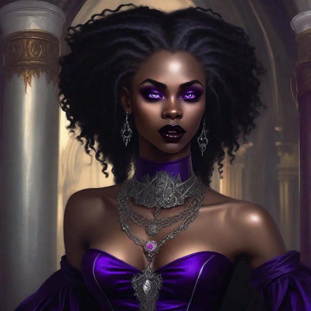 Prompt: 1 Gorgeous black woman, afro hair, short hair, vampire, elegant, gothic, victorian fashion, corset dress, chocker necklace, renaissance painting, sensual, vampire fangs, lesbian and 1 Gorgeous woman, fair skinned, long flowing blond hair reaching her knees, silver eyes, slit pupil, sensual, beautiful, long purple dress, goat horn, elegant, lesbian