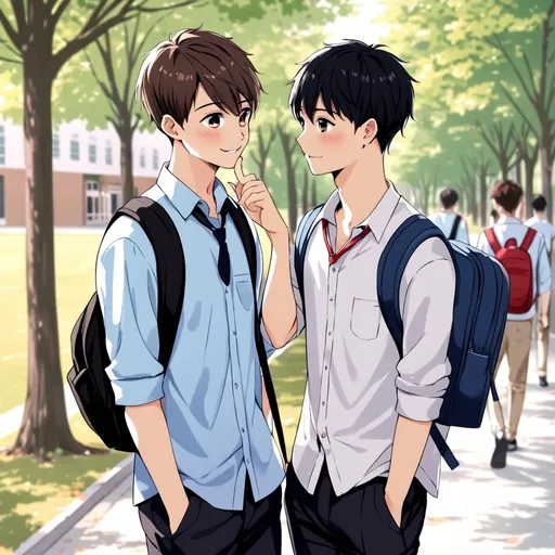 Prompt: Two cute guys dating in school