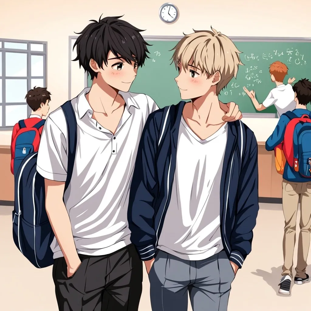 Prompt: Two cute guys dating in school