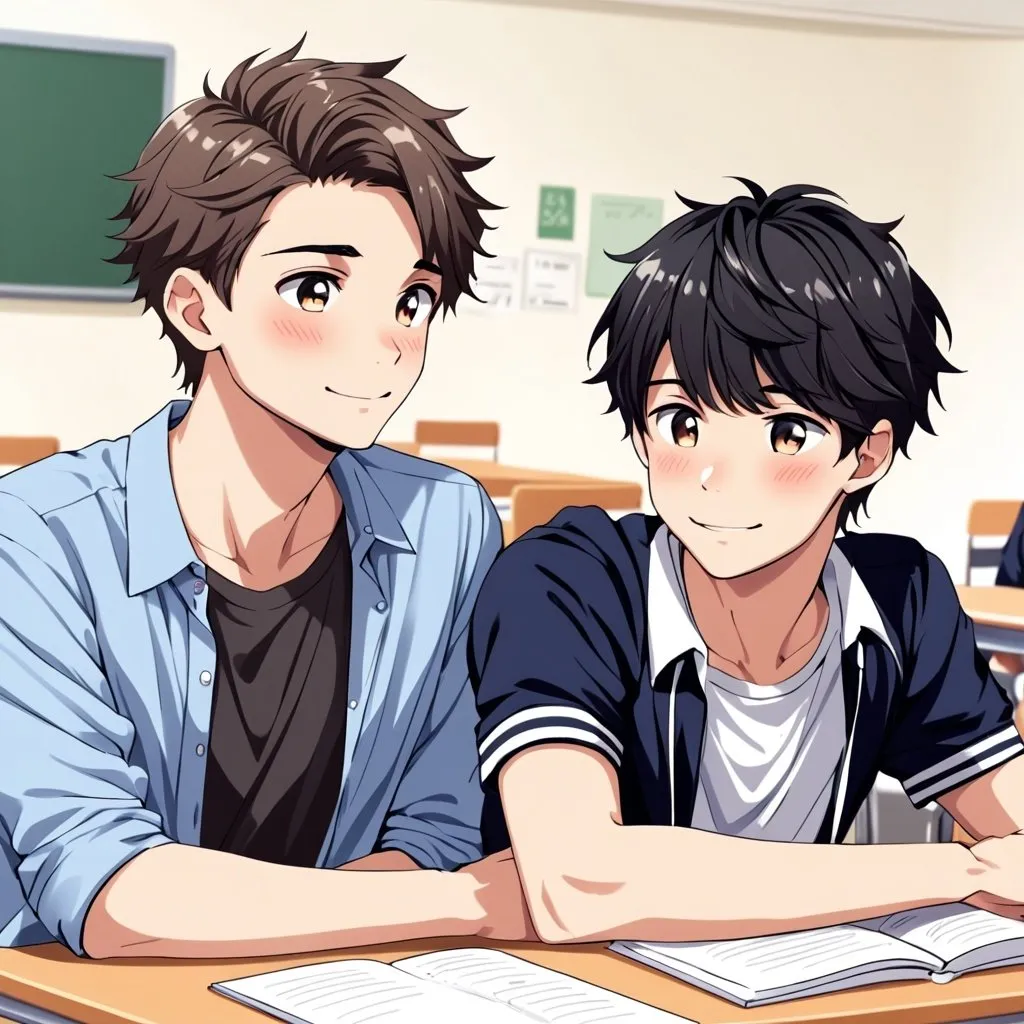 Prompt: Two cute guys dating in school