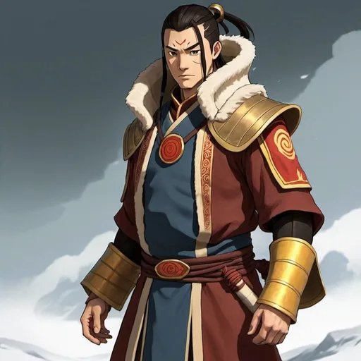 Prompt: I need a Avatar the last airbender style drawing and it must be full body.

Commander Zhao is a tall and imposing man with a commanding and authoritative gaze. He has short, dark hair, with some graying strands indicating his age and experience on the battlefield. His demeanor is majestic, and he typically wears elaborate armor that reflects his status as a military leader of the Fire Nation