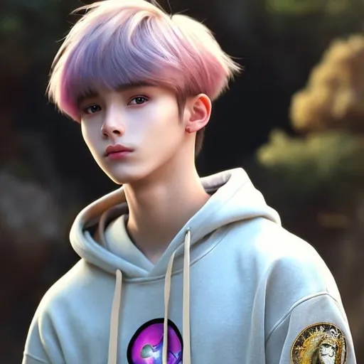 Prompt: Realistic photorealistic 4k hd fanart of young 17 years old cute and pretty youthfully unblemished handsome boy, stunning handsomeness and youthful beauty, slightly tanned skin with freckles, crystal azure eyes, wearing a hoodie, straight blonde hair styled in k-pop bowl cut with shaved undercut. IMPORTANT: blonde straight hair casket bowl haircut with shaved undercut, blonde hair