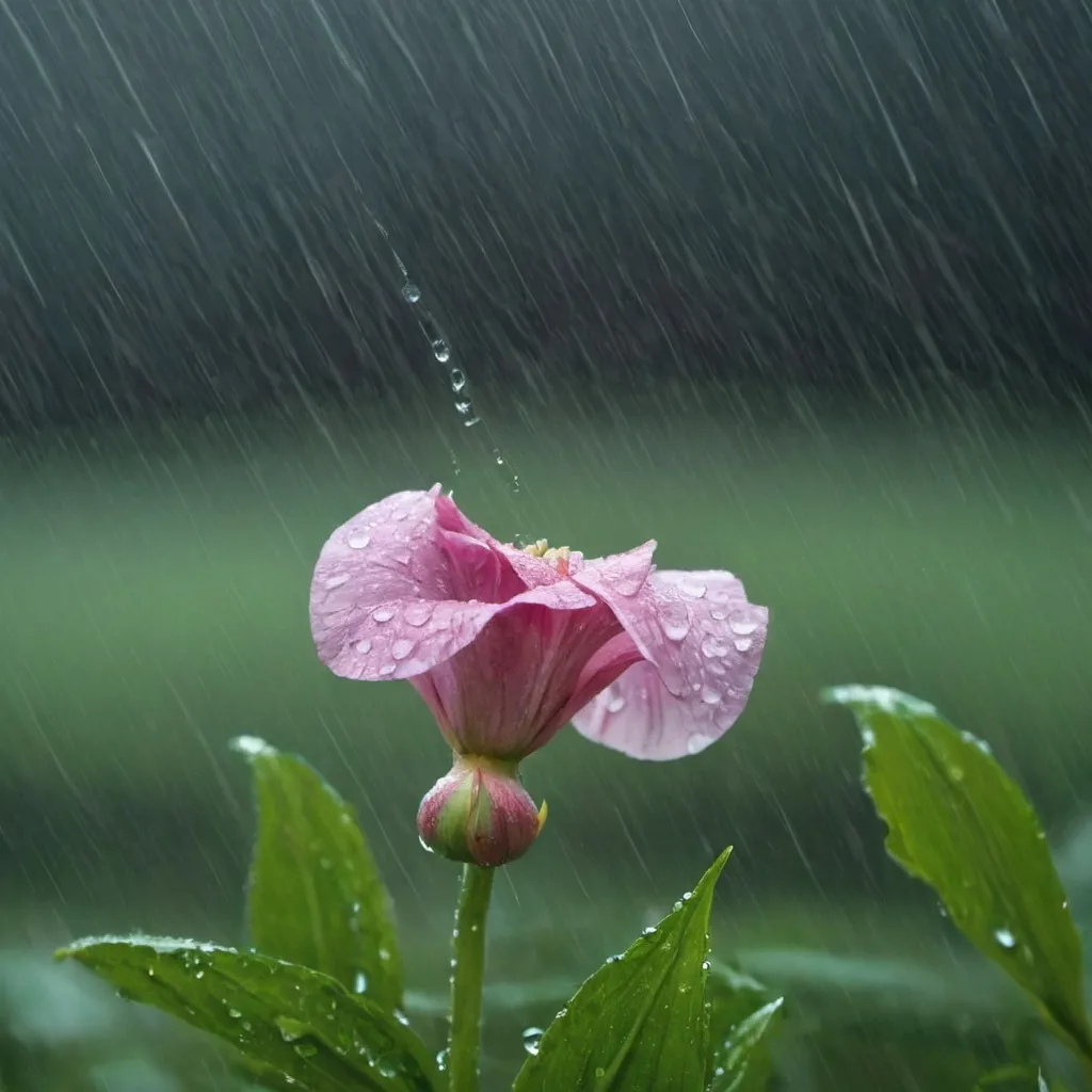 Prompt: A flower is dancing in rain