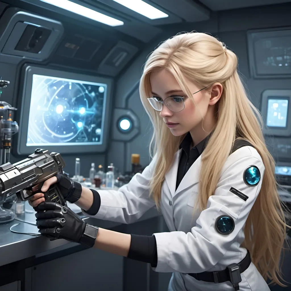 Prompt: Blonde scientist crafting a space gun, long hair, cute, sci-fi uniform, laboratory setting, high-tech equipment, futuristic, detailed hair, professional, adorable, highres, sci-fi, detailed crafting, futuristic design, atmospheric lighting