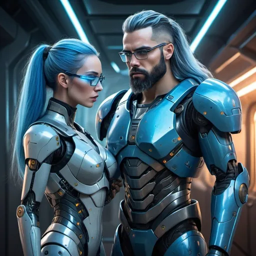 Prompt: Fullbody illustration of a futuristic female AI android in scifi armor with long blue hair, helping a 28-year-old guy with a well-groomed beard and eyeglasses in scifi armor, intense conflict, detailed hair and facial features, high-tech designs, vibrant colors, professional, futuristic, cyberpunk, dramatic lighting