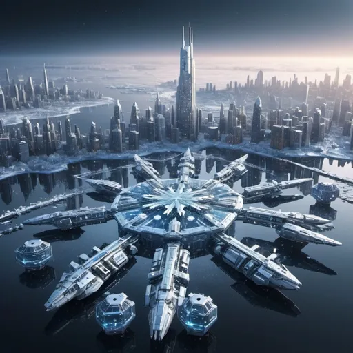 Prompt: Snowflake-shaped ship-city with buildings equal to Manhattan, futuristic sci-fi 3D rendering, intricate snowflake design, towering futuristic structures, advanced technology, highres, ultra-detailed, sci-fi, futuristic, intricate design, towering structures, advanced technology, crystal clear city lights, cool tones, atmospheric lighting, snowy reflections