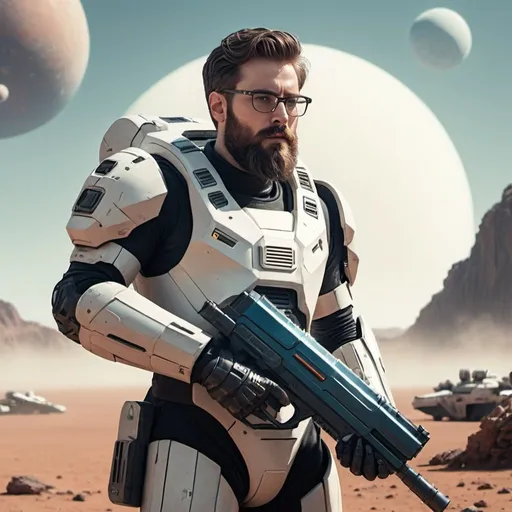 Prompt: withe man, with eyeglasses, well-groomed beard, 28 years old, with scifi armor e space gun, on a planet surrended by hostile alines, and reinforcements arrive from afar