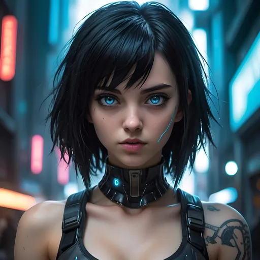 Prompt: Cyberpunk art of a 21-year-old girl with a black bobbed hair, blue eyes and small chest, futuristic urban setting, detailed facial features, cool-toned lighting, anime, cyberpunk, detailed eyes, sleek design, professional, atmospheric lighting, small figure, detailed hair, intense gaze, best quality, highres, ultra-detailed