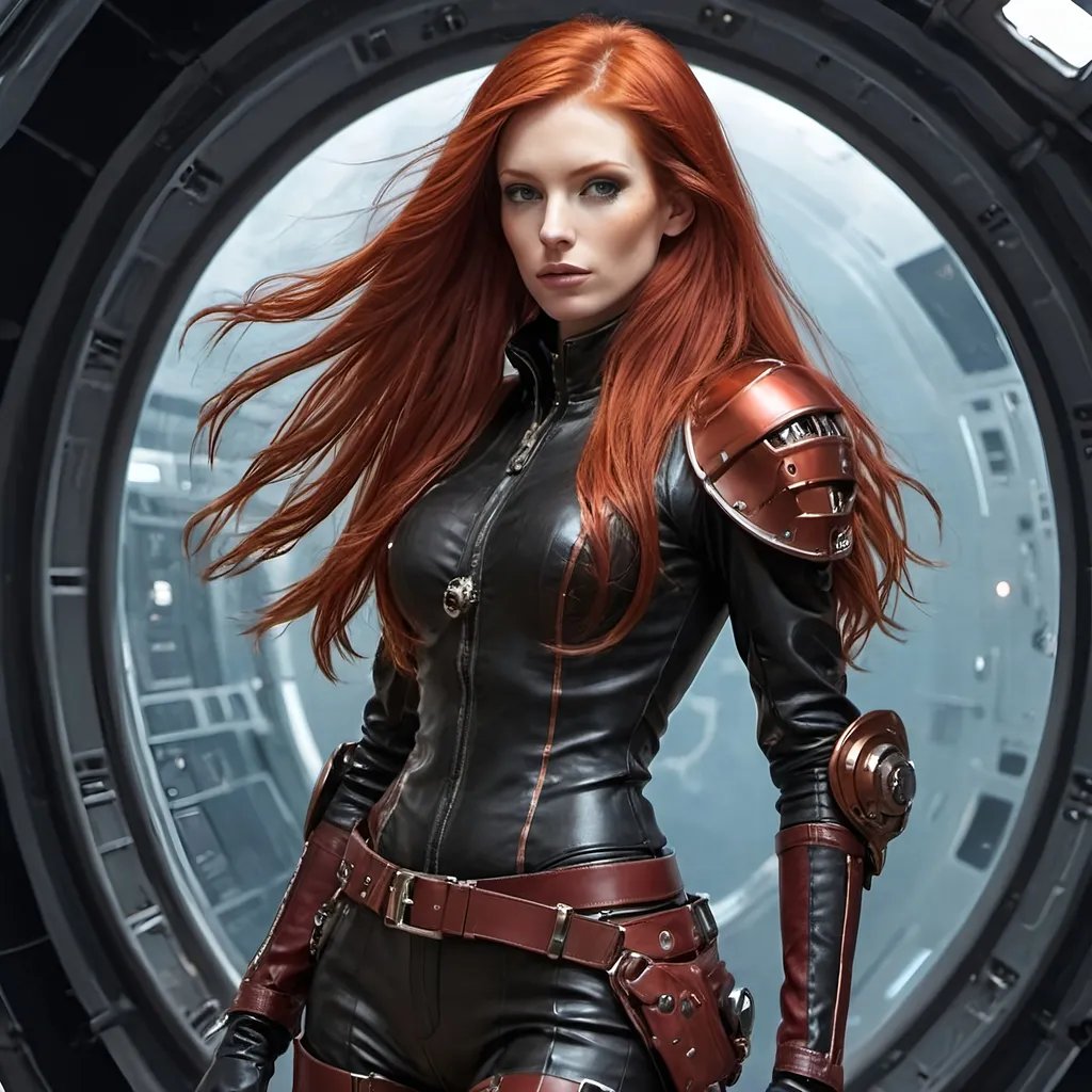 Prompt: Tall girl, redhead, long hair,  leather wear, space pirate with scifi armor 