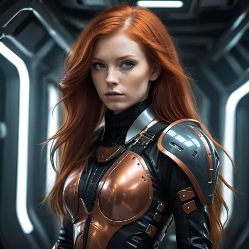 Prompt: Tall redhead girl in futuristic, scifi armor, long flowing hair, leather outfit, space pirate, detailed armor design, high quality, scifi, futuristic, intense gaze, atmospheric lighting