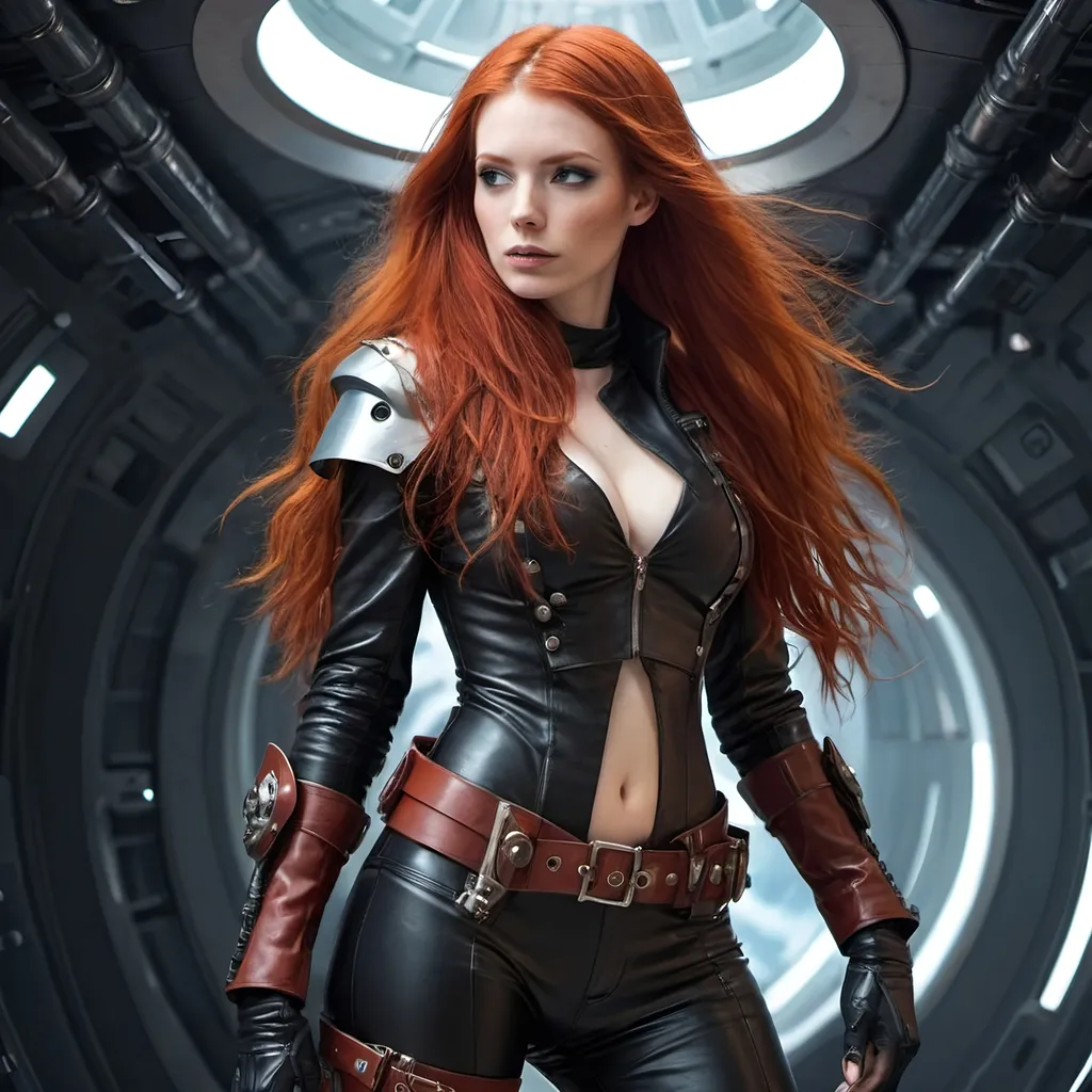 Prompt: Tall girl, redhead, long hair,  leather wear, space pirate with scifi armor 