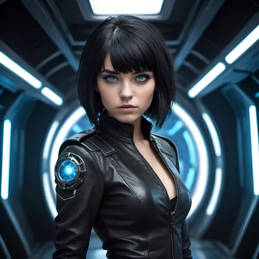 Prompt: Full-body depiction of a 21-year-old girl with a black bobcut hair, piercieng blue eyes, and a petite frame, dressed in sleek space pirate leather attire, set in a futuristic sci-fi environment, high-tech, detailed leather texture, intense and focused gaze, cosmic backdrop, cool-toned lighting, best quality, hi-res, ultra-detailed, sci-fi, space pirate, detailed facial features, sleek design, professional, atmospheric lighting