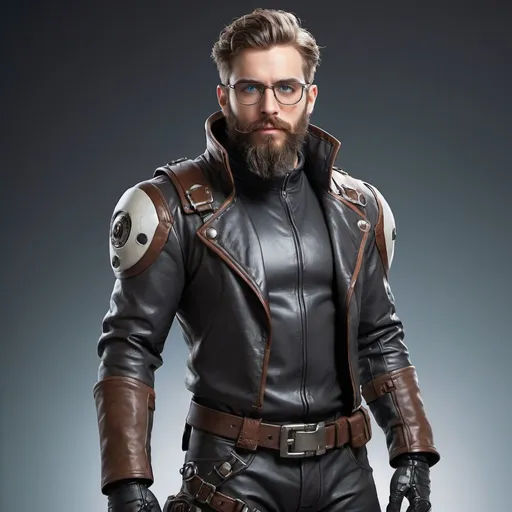 Prompt: withe man, with eyeglasses, well-groomed beard, 28 years old,  leather wear, space pirate with scifi armor, fullbody