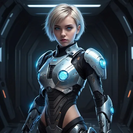 Prompt: Fullbody illustration of a 21-year-old girl in futuristic sci-fi armor, short bobcut hair, piercing blue eyes, wielding a space gun, cybernetic enhancements, glowing energy effects, detailed armor plating, intense and determined gaze, high-tech weaponry, sci-fi, futuristic, cybernetic enhancements, detailed eyes, sleek design, professional, cool tones, atmospheric lighting, highres, ultra-detailed