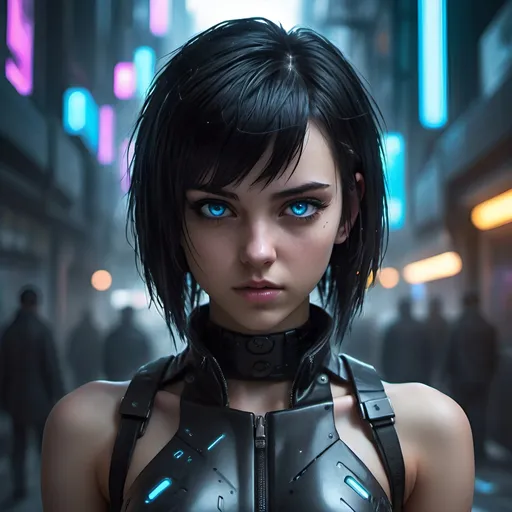 Prompt: Cyberpunk art of a 21-year-old girl with a black bobbed hair, blue eyes and small chest, futuristic urban setting, detailed facial features, cool-toned lighting, anime, cyberpunk, detailed eyes, sleek design, professional, atmospheric lighting, small figure, detailed hair, intense gaze, best quality, highres, ultra-detailed, fullbody