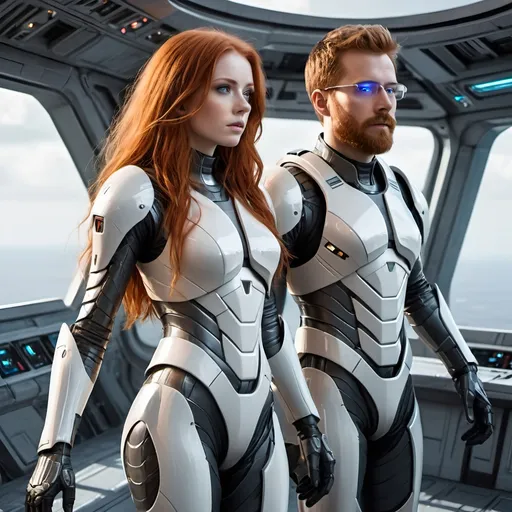 Prompt: Tall redhead girl in futuristic, scifi armor, detailed armor design, long flowing hair, intense gaze, high quality, fullbody with scifi space armor and a white man with eyeglasses, well-groomed beard, 28 years old, on the deck of a spaceship, futuristic, sci-fi, spaceship deck, detailed design, intense gaze, professional, highres, ultra-detailed