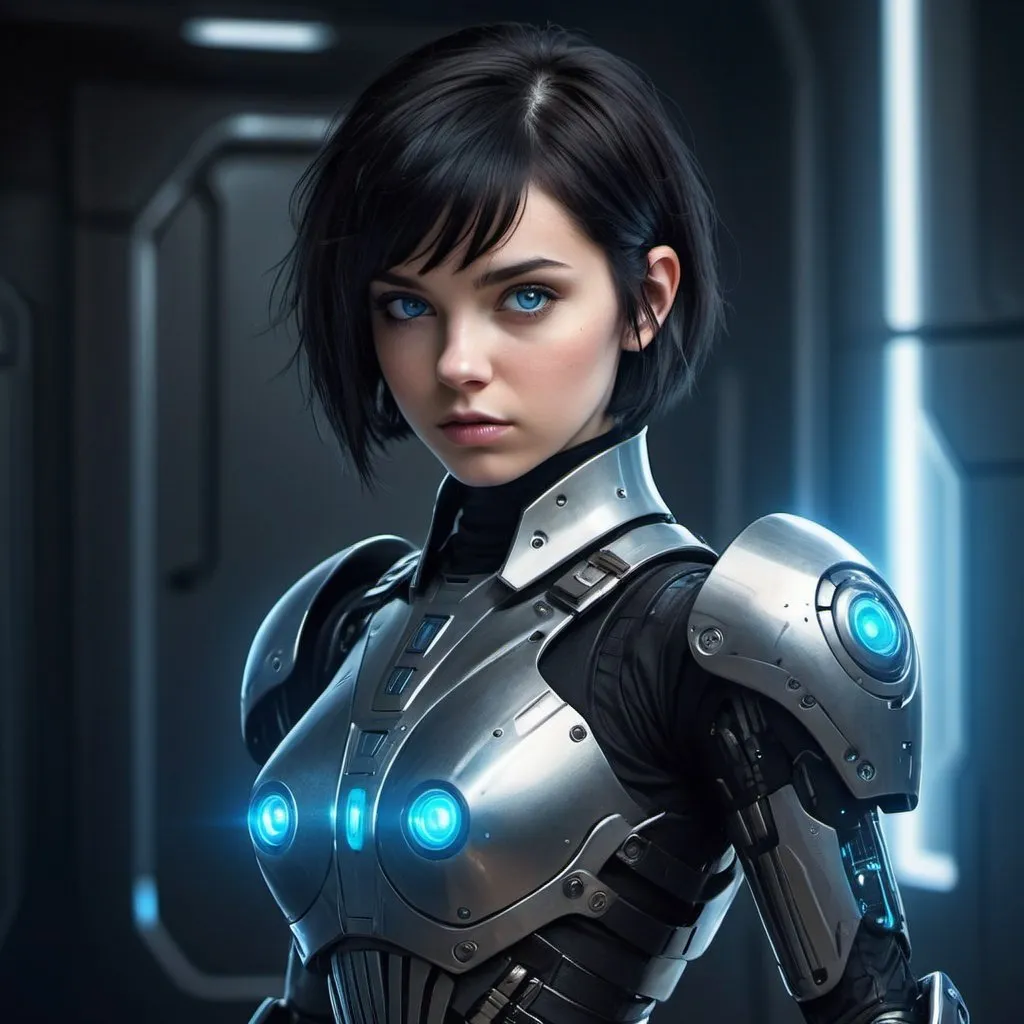 Prompt: Fullbody illustration of a 21-year-old girl in futuristic sci-fi armor, short black bobcut hair, piercing blue eyes, wielding a space gun, cybernetic enhancements, glowing energy effects, detailed armor plating, intense and determined gaze, high-tech weaponry, sci-fi, futuristic, cybernetic enhancements, detailed eyes, sleek design, professional, cool tones, atmospheric lighting, highres, ultra-detailed