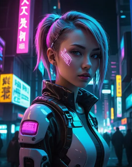 Prompt: Scifi girl, futuristic, cybernetic enhancements, neon-lit urban setting, highres, detailed, cyberpunk, anime, cool tones, neon lights, sleek design, professional, atmospheric lighting
