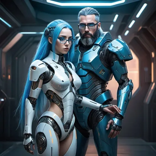 Prompt: Fullbody illustration of a futuristic female AI android in scifi armor with long blue hair, helping a 28-year-old guy with a well-groomed beard and eyeglasses in scifi armor, intense conflict, detailed hair and facial features, high-tech designs, vibrant colors, professional, futuristic, cyberpunk, dramatic lighting